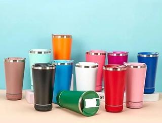 Copo térmico inox com tampa abridor e caixa de som com bluetooth Led 420ML