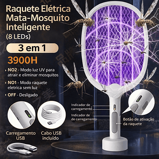 Raquete Elétrica Mata Mosquito Recarregável Com Luz UV E Base De Apoio USB